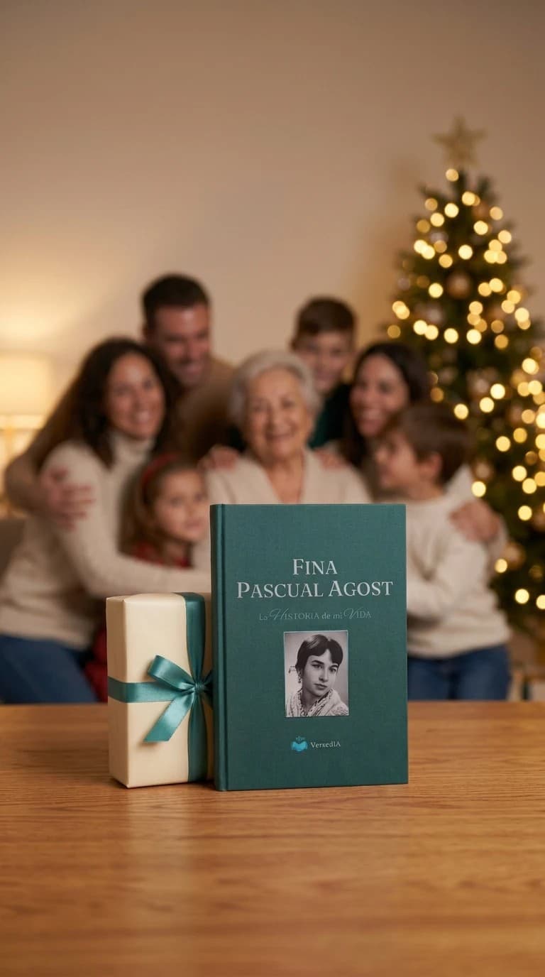 Una familia reunida en Navidad; delante, el libro de la vida de la abuela junto a un regalo