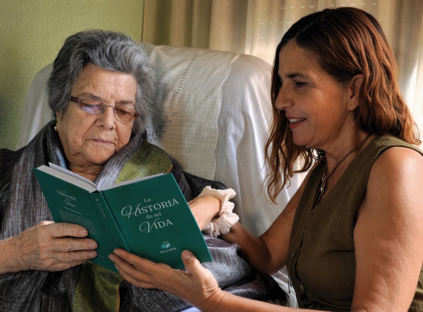 Daughter reading the life book to her mother